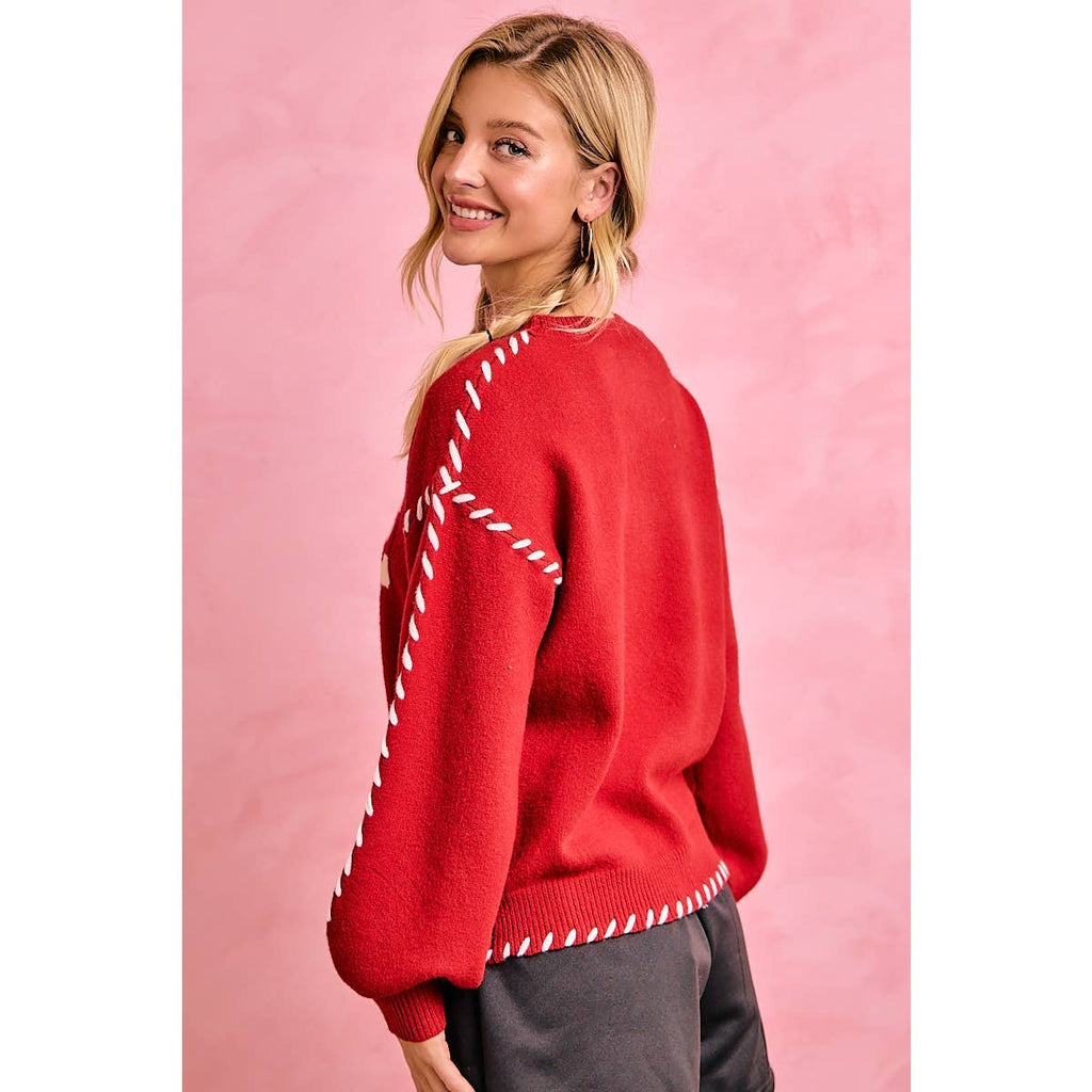 Red Gameday Contrast Stitch Sweater