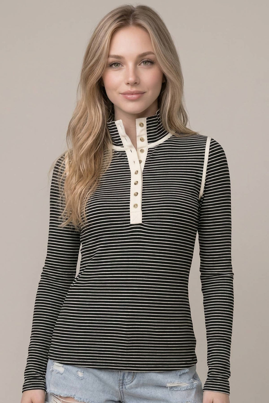 Black Long Sleeve Henley Top