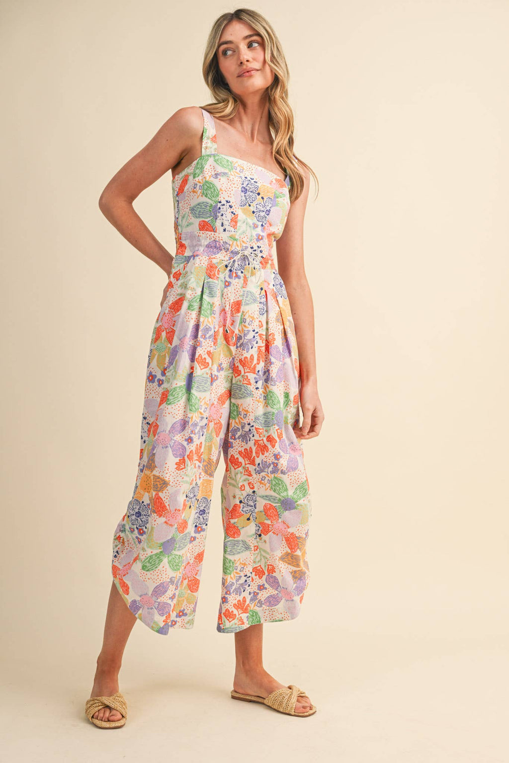 Coral Floral Pleated Wide Leg Jumpsuit