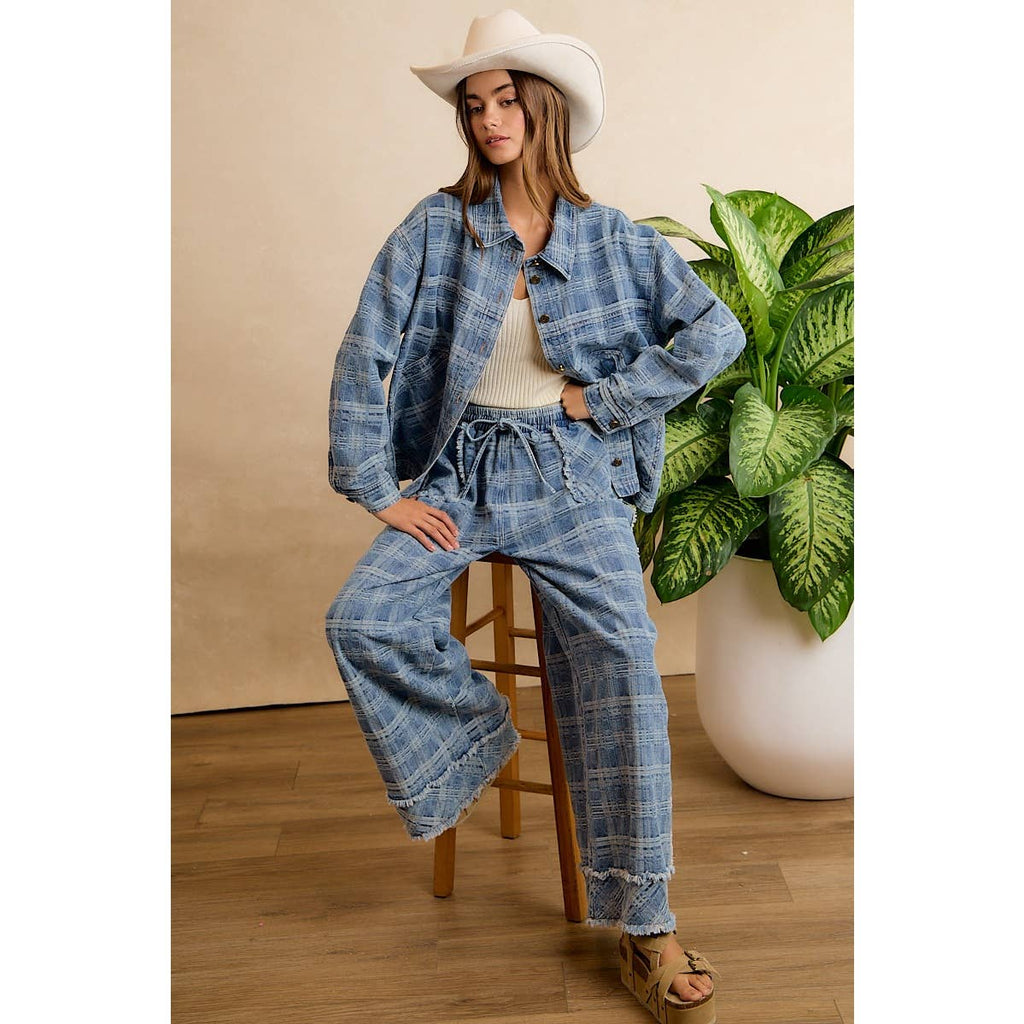 Washed Demin Plaid Wide Leg Jeans