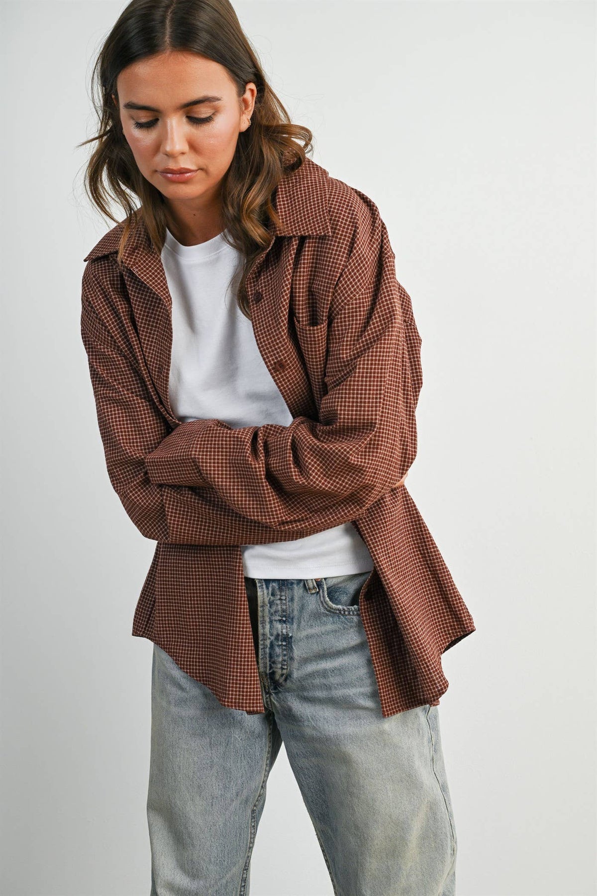 Brown Gingham Button-Up Shirt