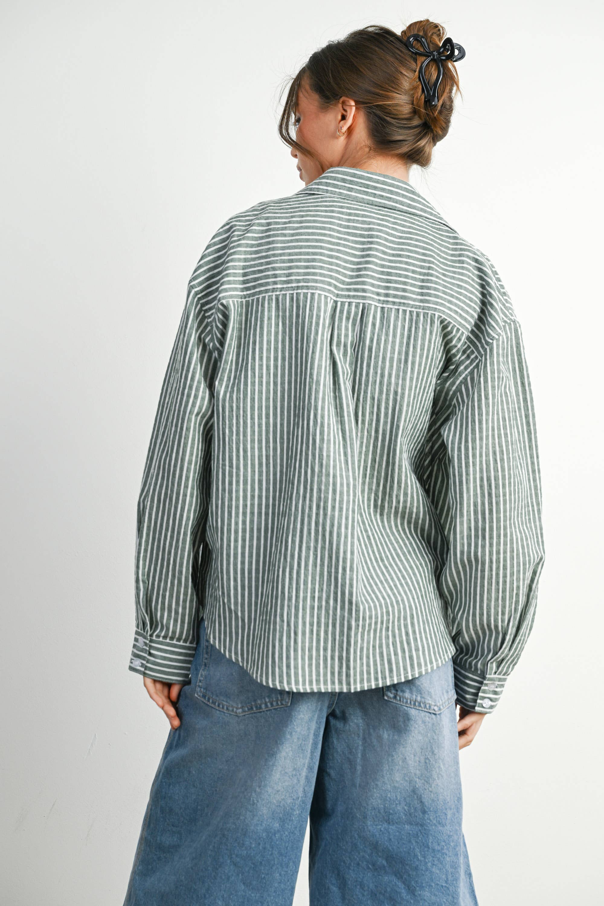 Green Striped Button-Up Top