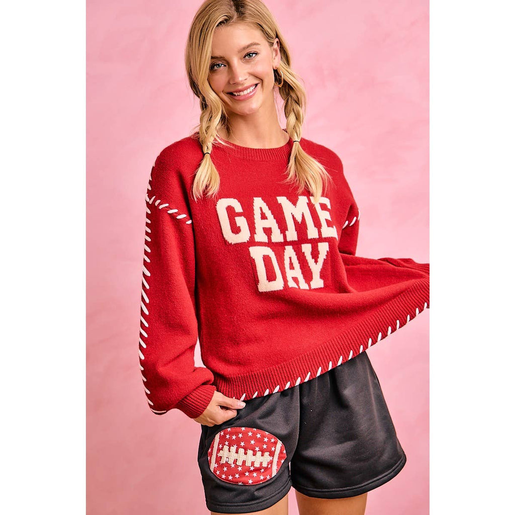 Red Gameday Contrast Stitch Sweater