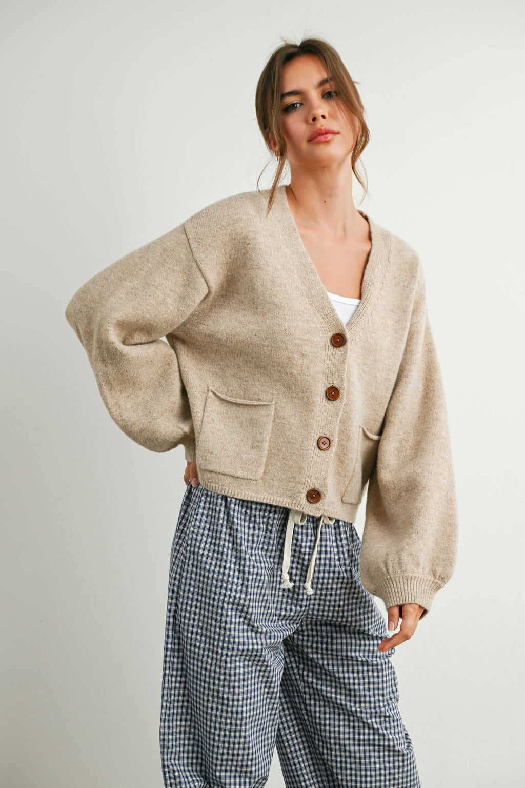Taupe V-Neck Cuff Button-Up Top