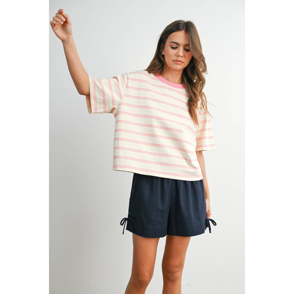 Ivory & Pink Striped Boxy Cropped T-Shirt
