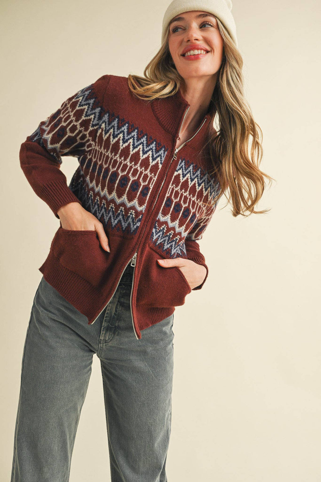 Cocoa Brown Fair Isle Zip Up Sweater