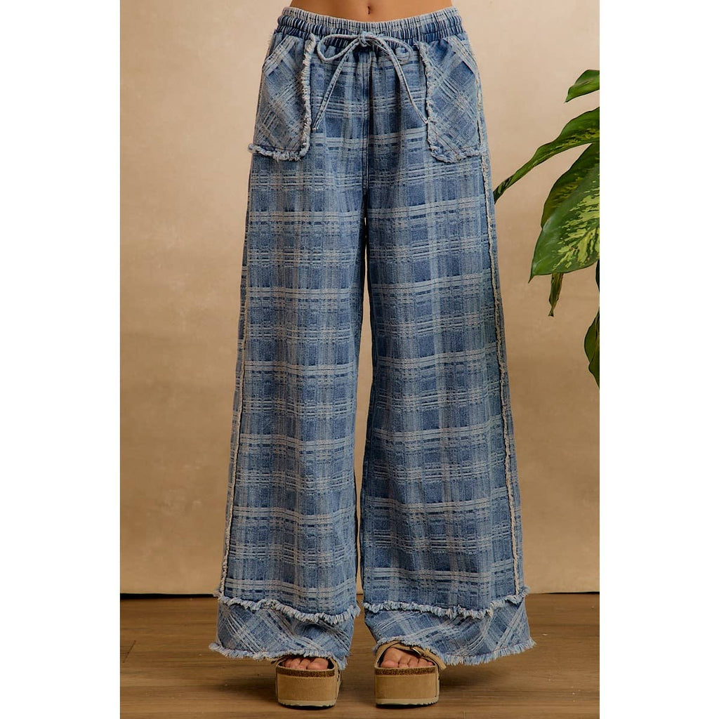 Washed Demin Plaid Wide Leg Jeans