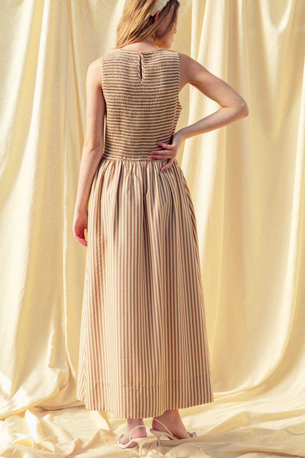 Brown Striped Smocked Top Dress