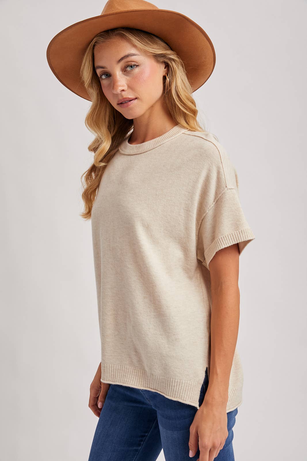 Oatmeal Crew Neck Knit T-Shirt