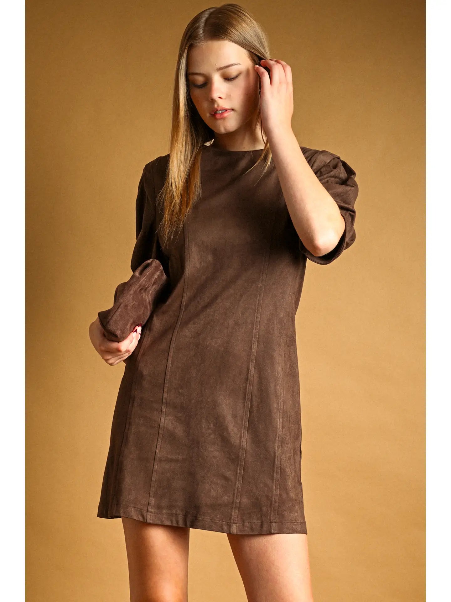 Coffee Suede Barrel Sleeve Dress