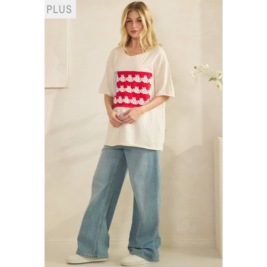 Plus Cream Lace Patched Oversized Tee