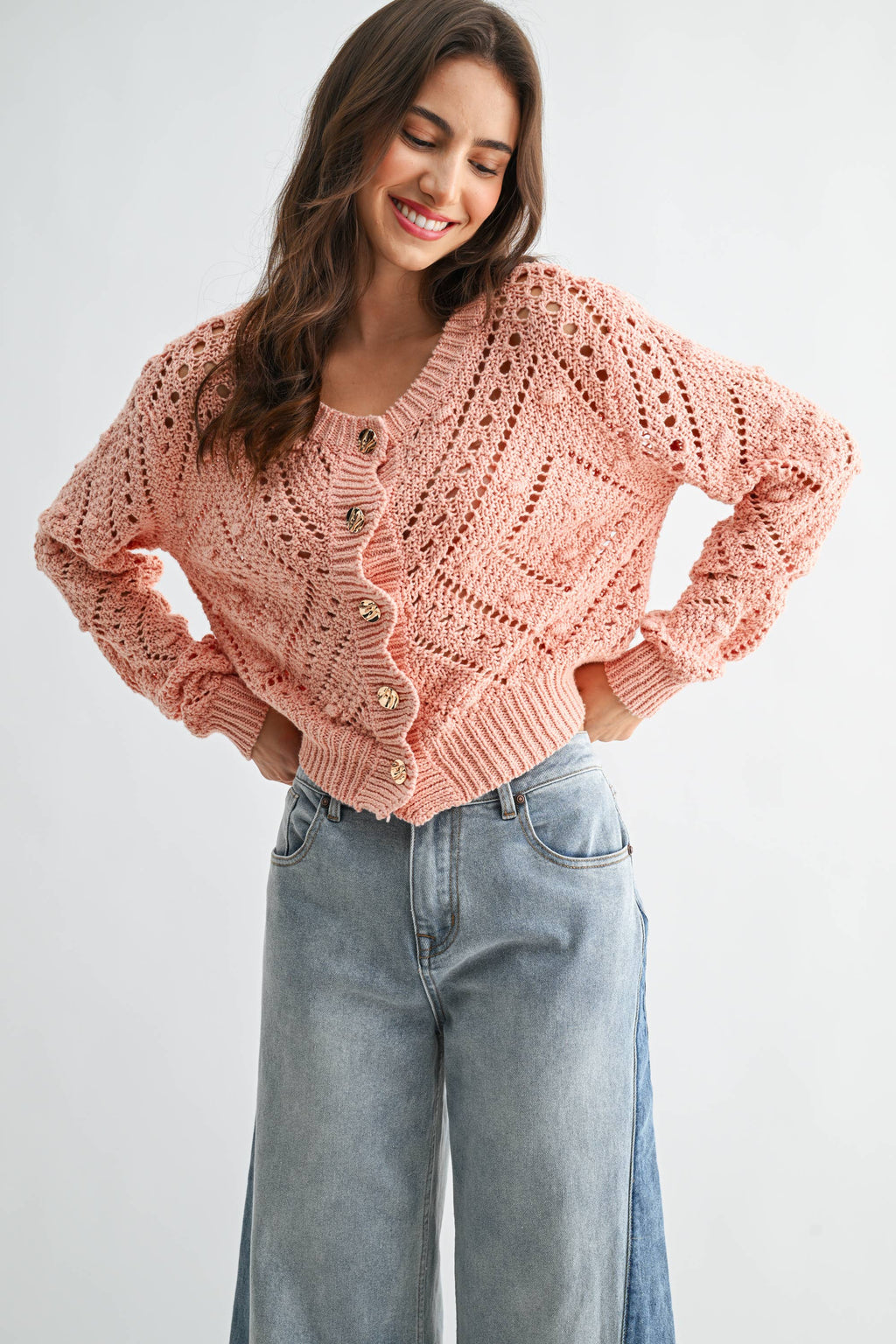 Light Pink Knit Cardigan With Gold Button Detail
