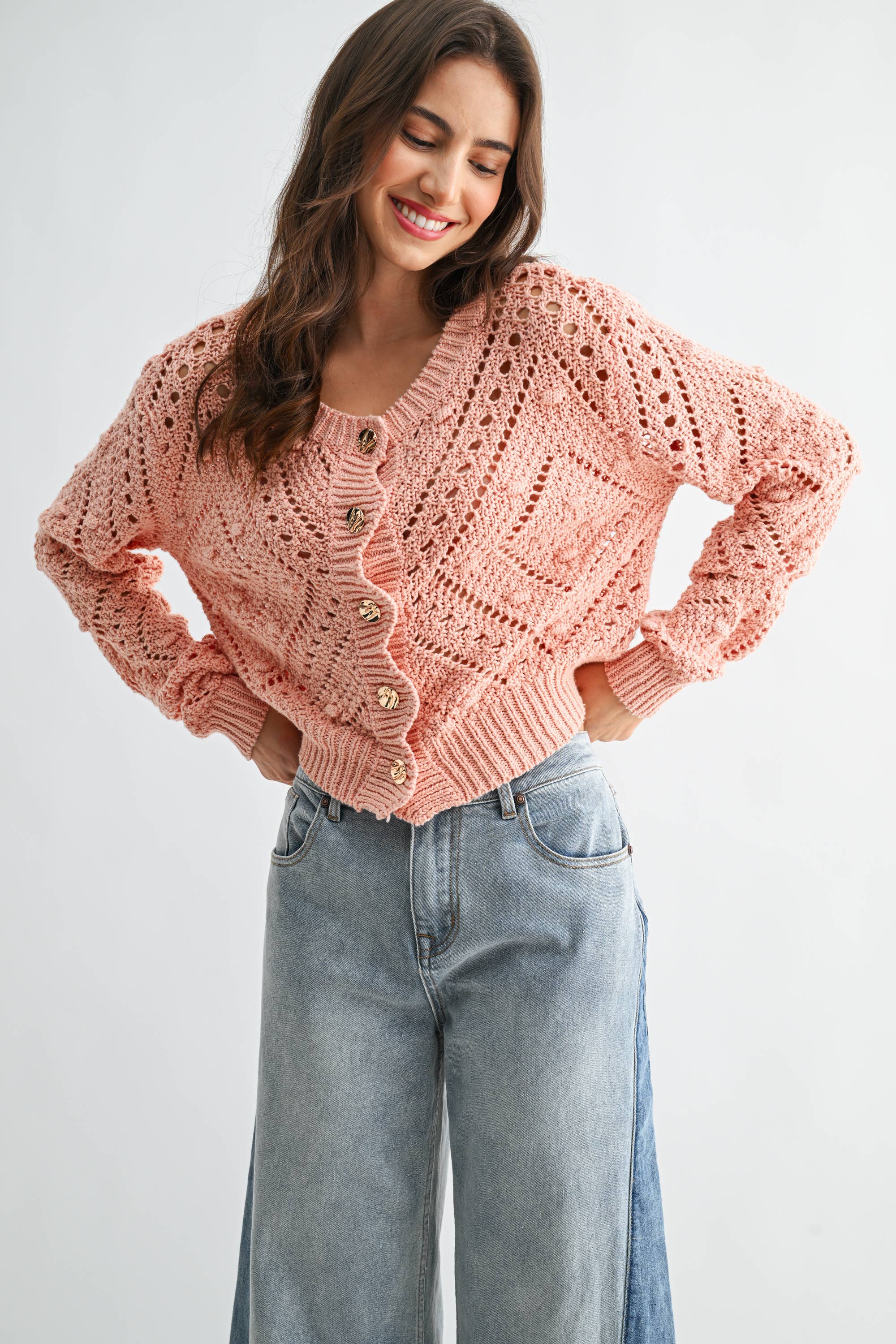 Light Pink Knit Cardigan With Gold Button Detail