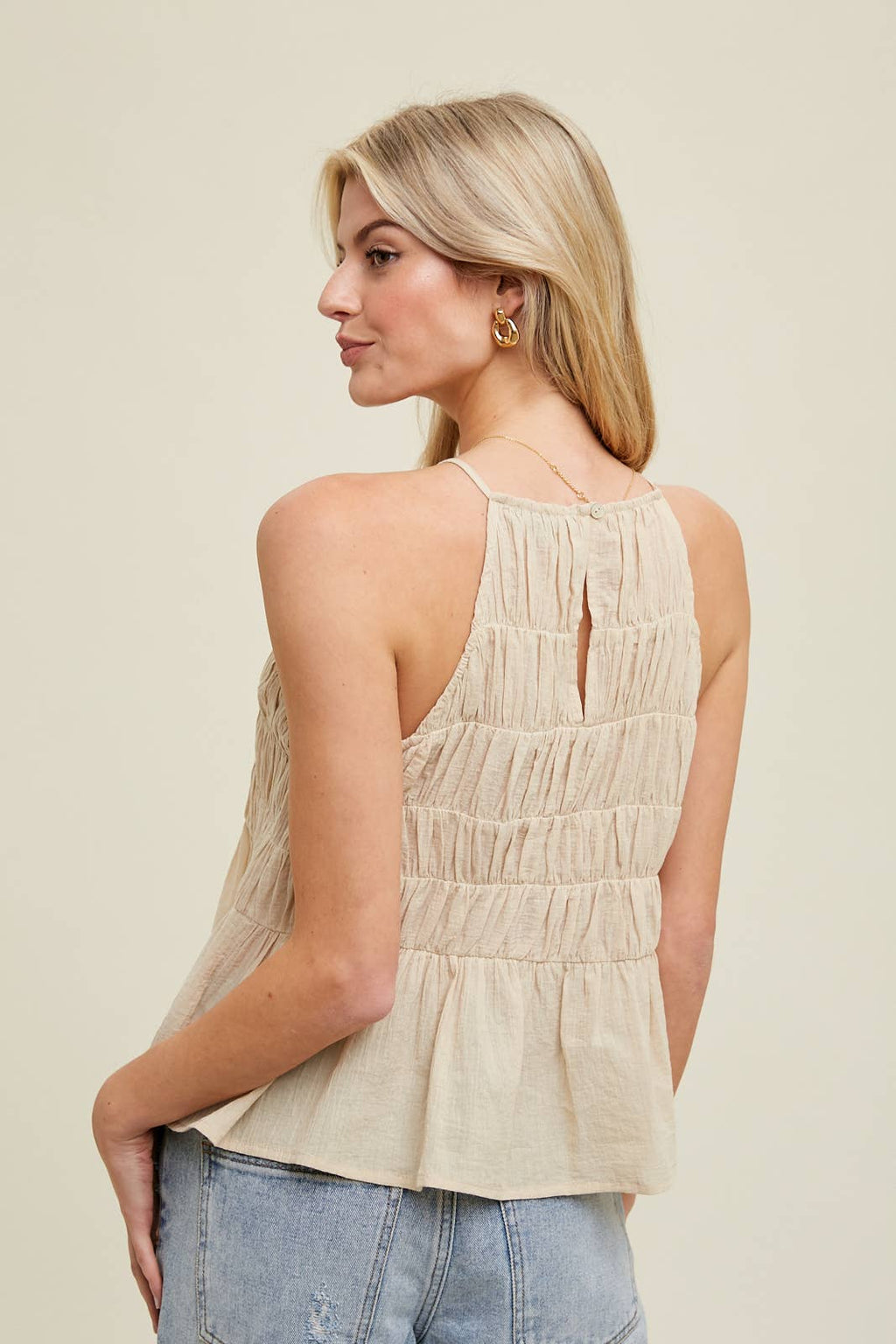Natural High-Neck Tank With Smock Detail