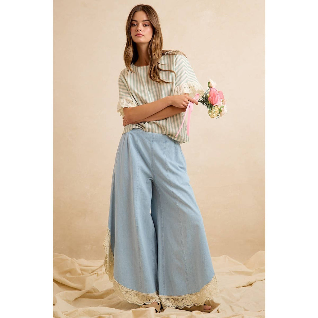 Denim Wide Leg Lace Tulip Hem Jeans