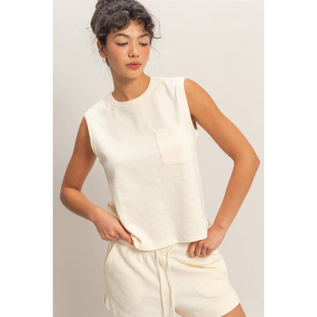 Cream Sleeveless Cotton Top With Pocket