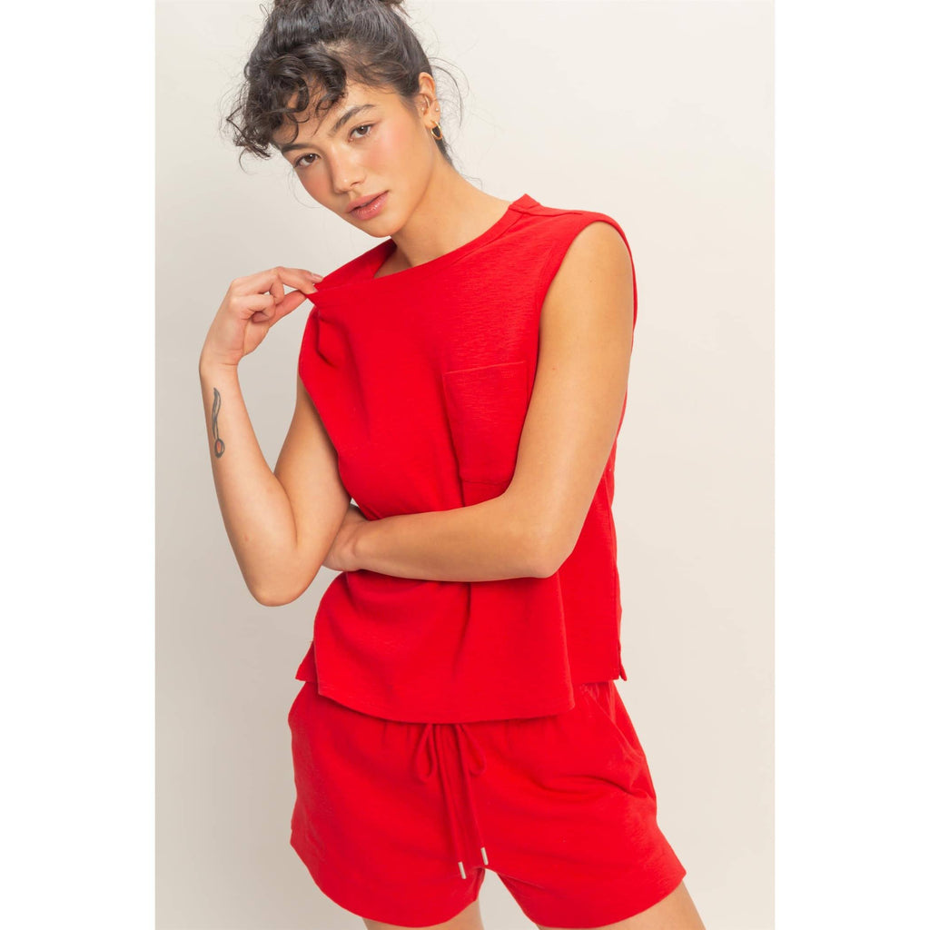 Red Sleeveless Cotton Top With Pocket