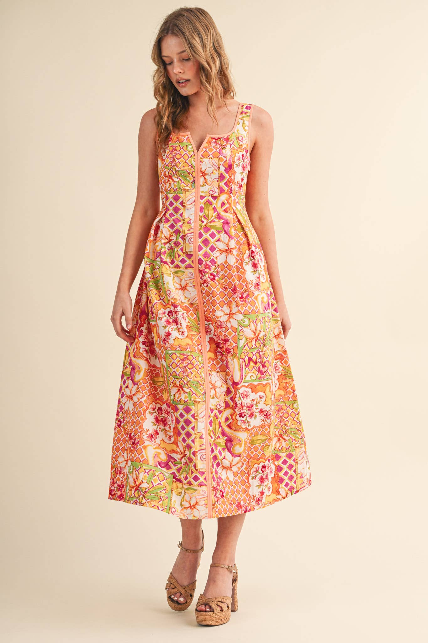 Ivory Pink Floral Midi Dress