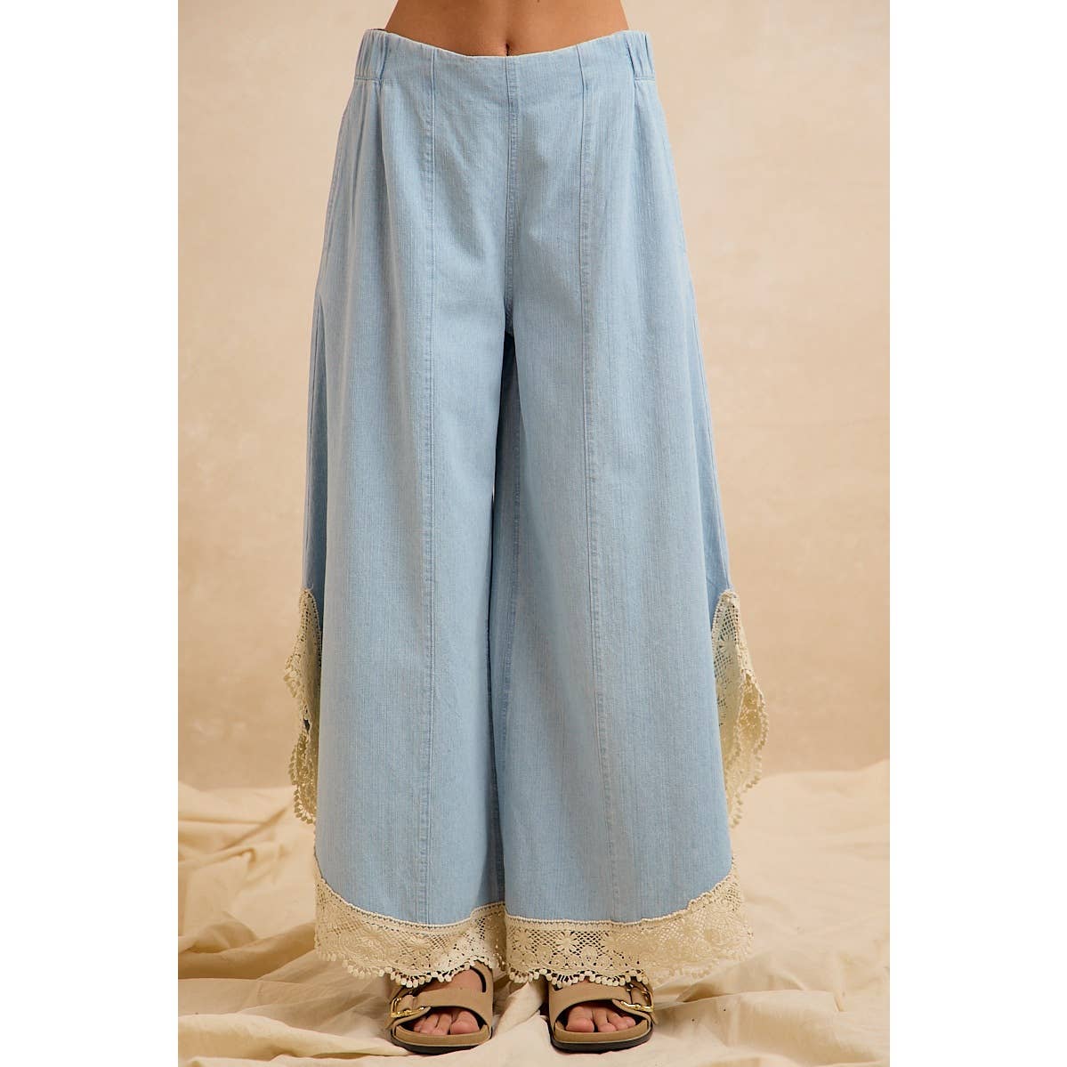 Denim Wide Leg Lace Tulip Hem Jeans