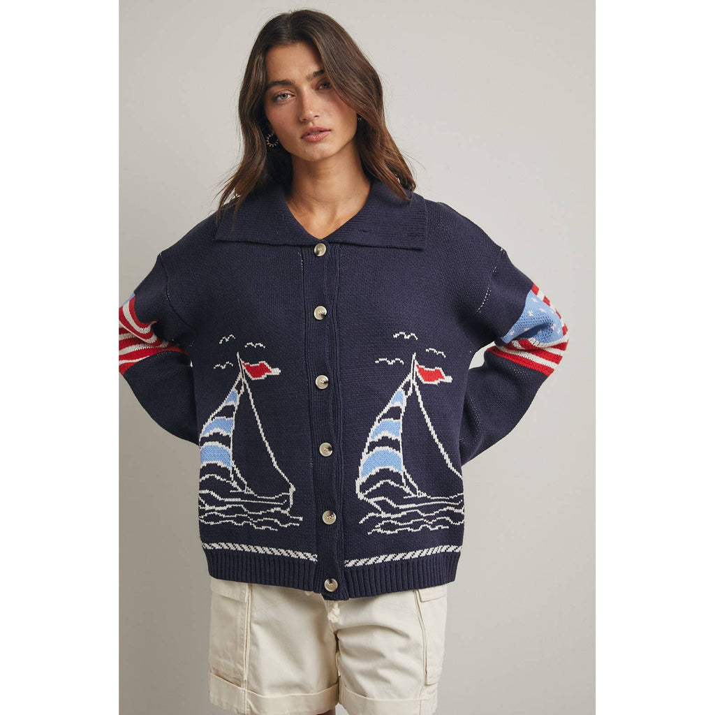 Navy Sailboat Sweater Cardigan