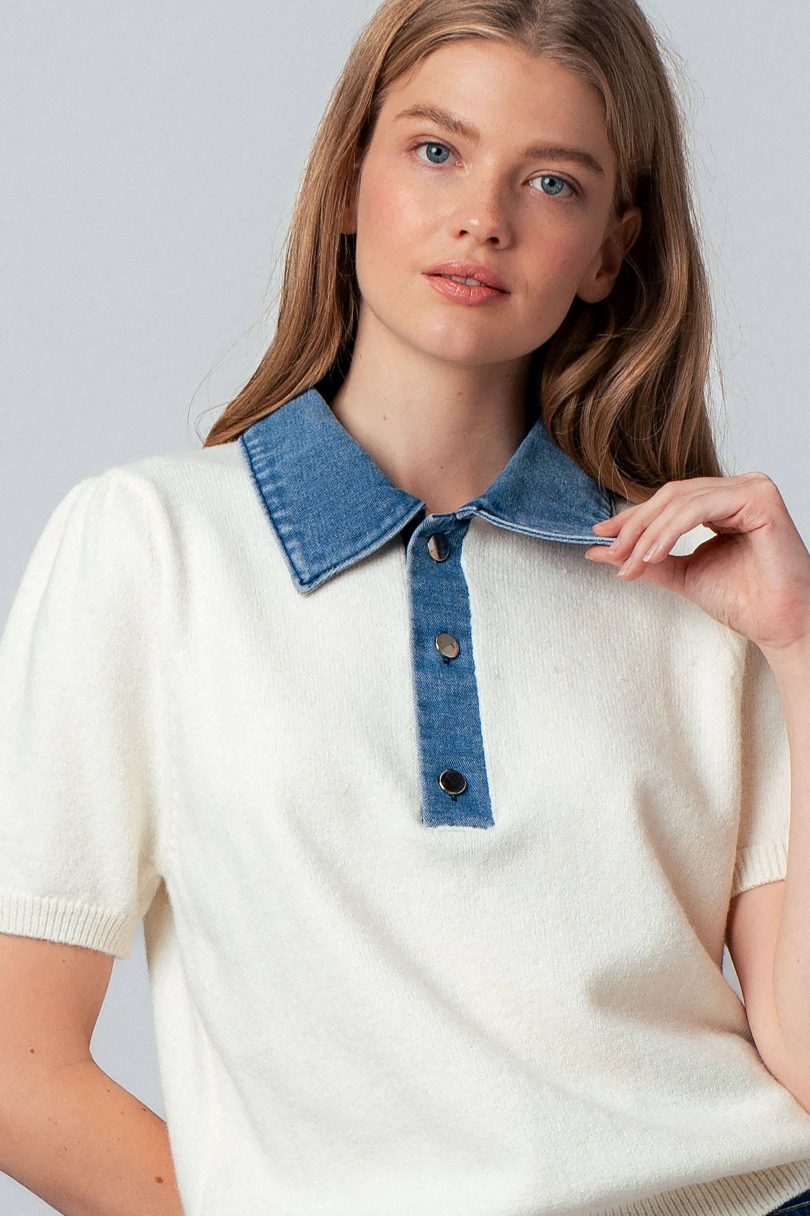 Ivory & Blue Collared Sweater Top