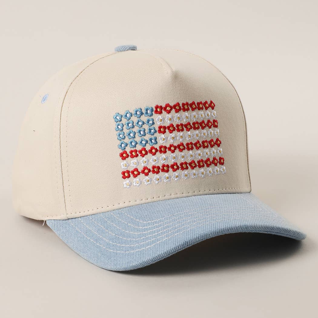 Two Tone Denim Floral American Flag Embroidered Trucker Hat