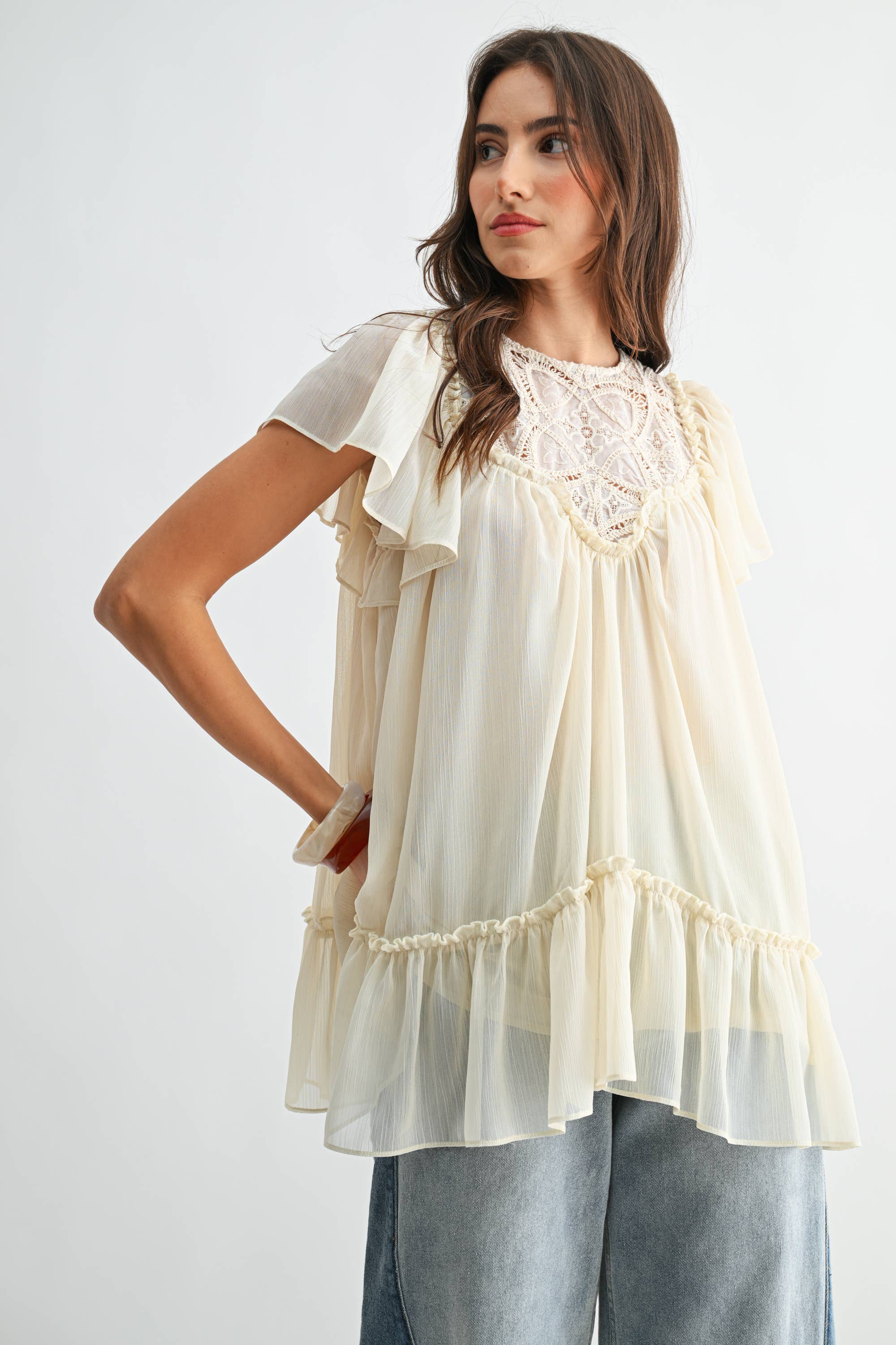 Cream Sheer Lace Yoke Ruffle Sleeve Blouse