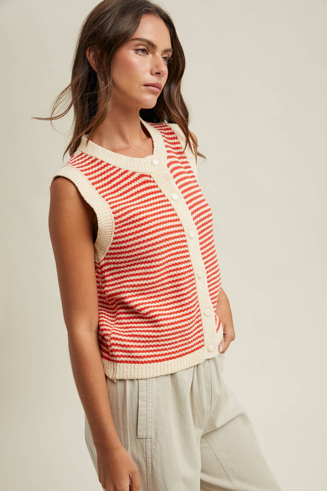 Papaya & Natural Striped Button Up Vest