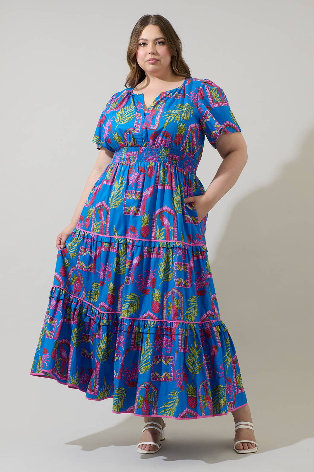 Plus Blue, Green & Pink Tropical Tiered Maxi