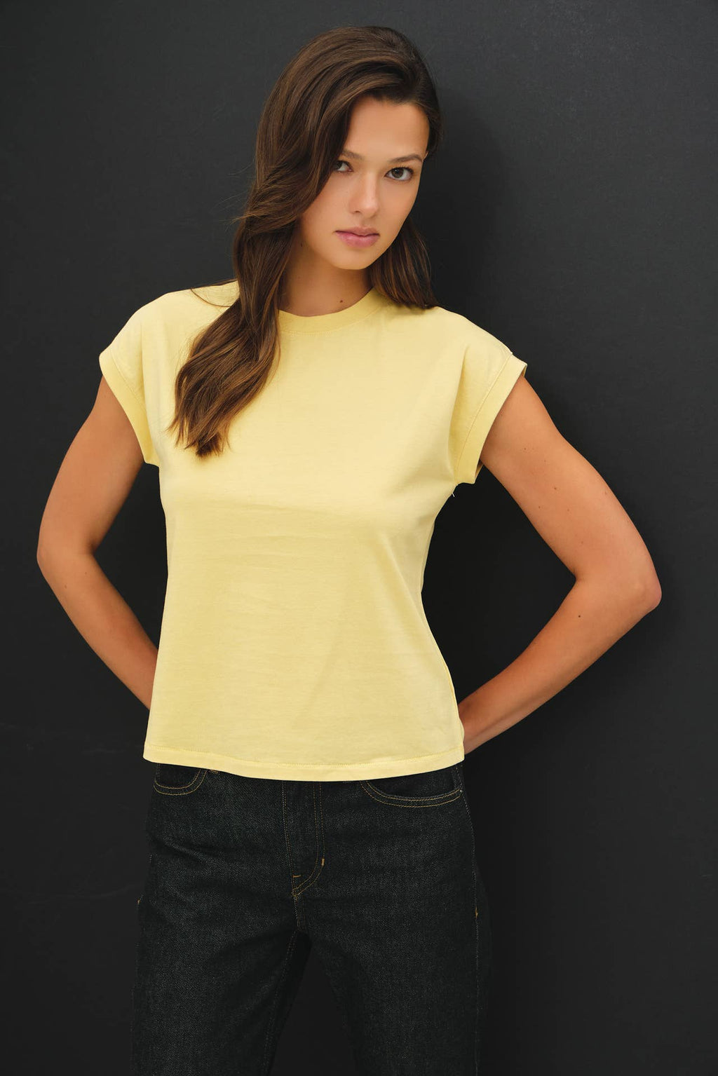 Dusty Yellow Cap Sleeve Crew Neck