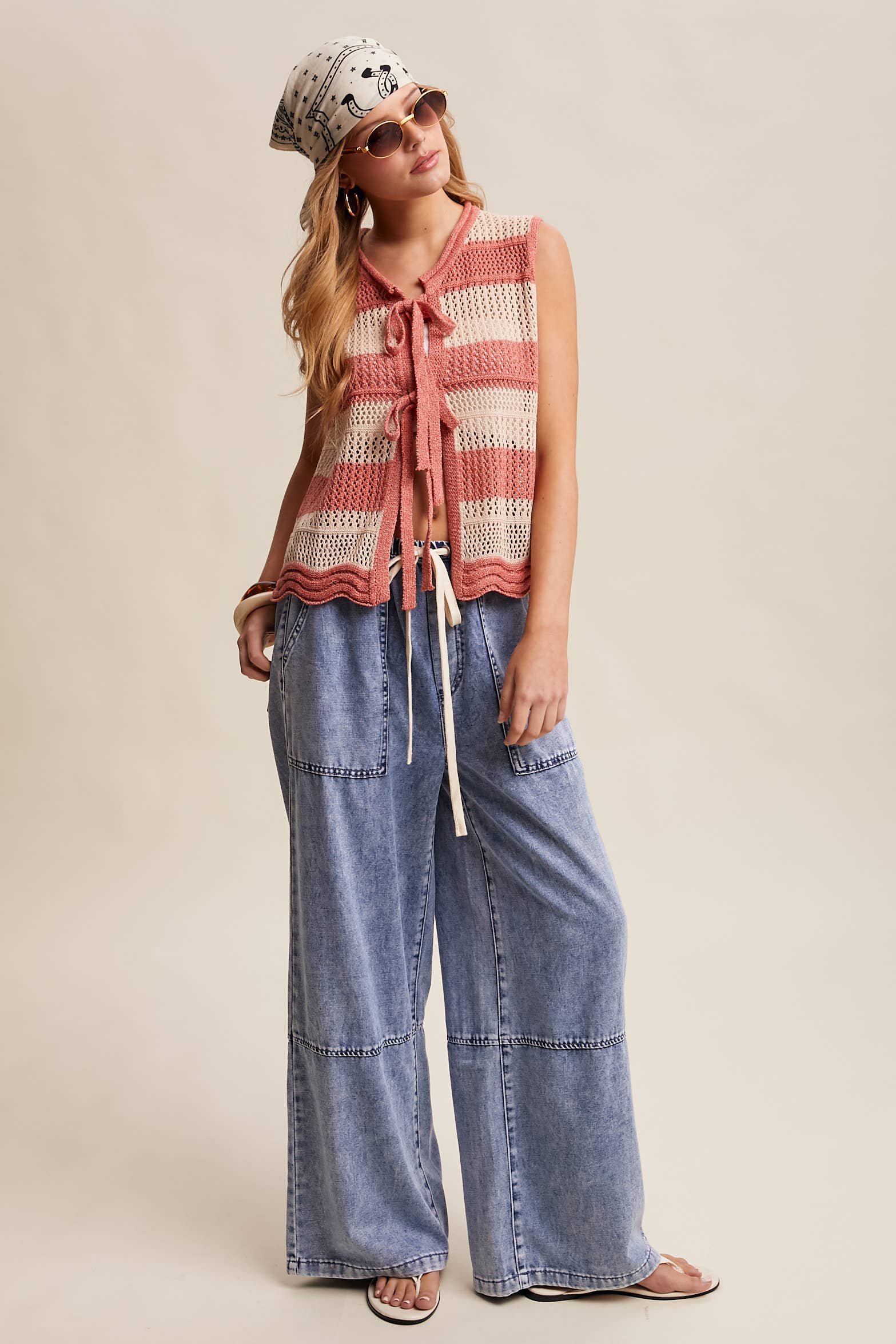 Coral Red Striped Crochet Tie-Front Knit Vest