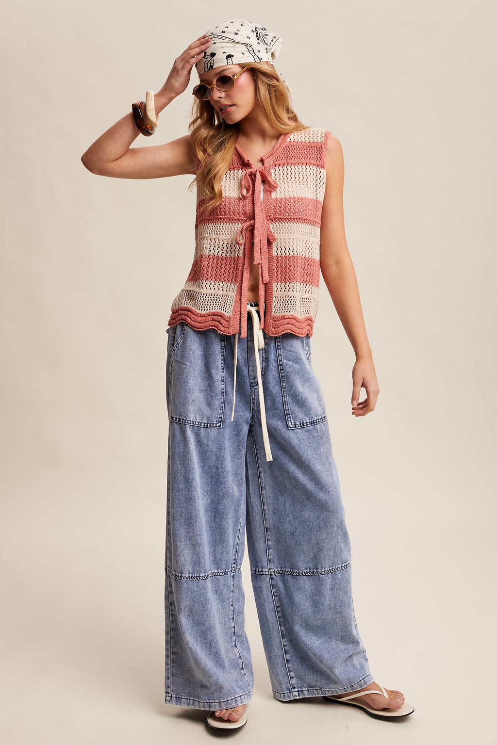 Coral Red Striped Crochet Tie-Front Knit Vest