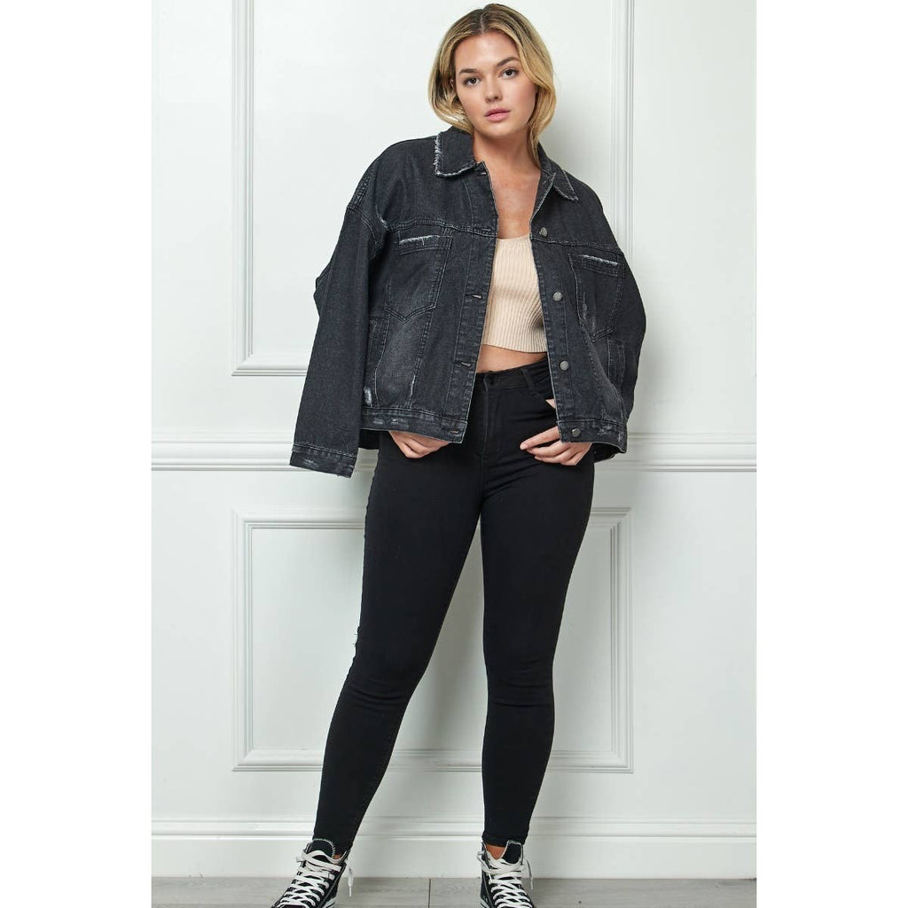 Plus Size Black Oversize Pleated Back Denim Jacket