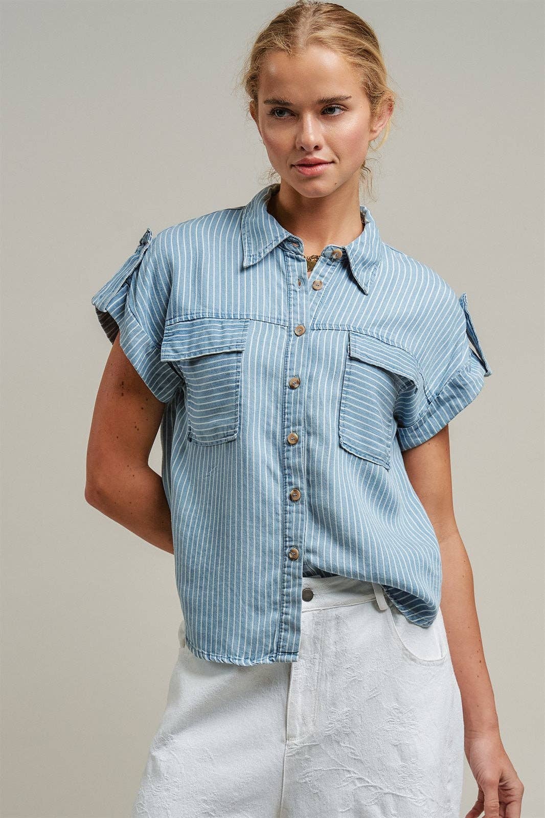 Striped Chambray Short Sleeve Shirt