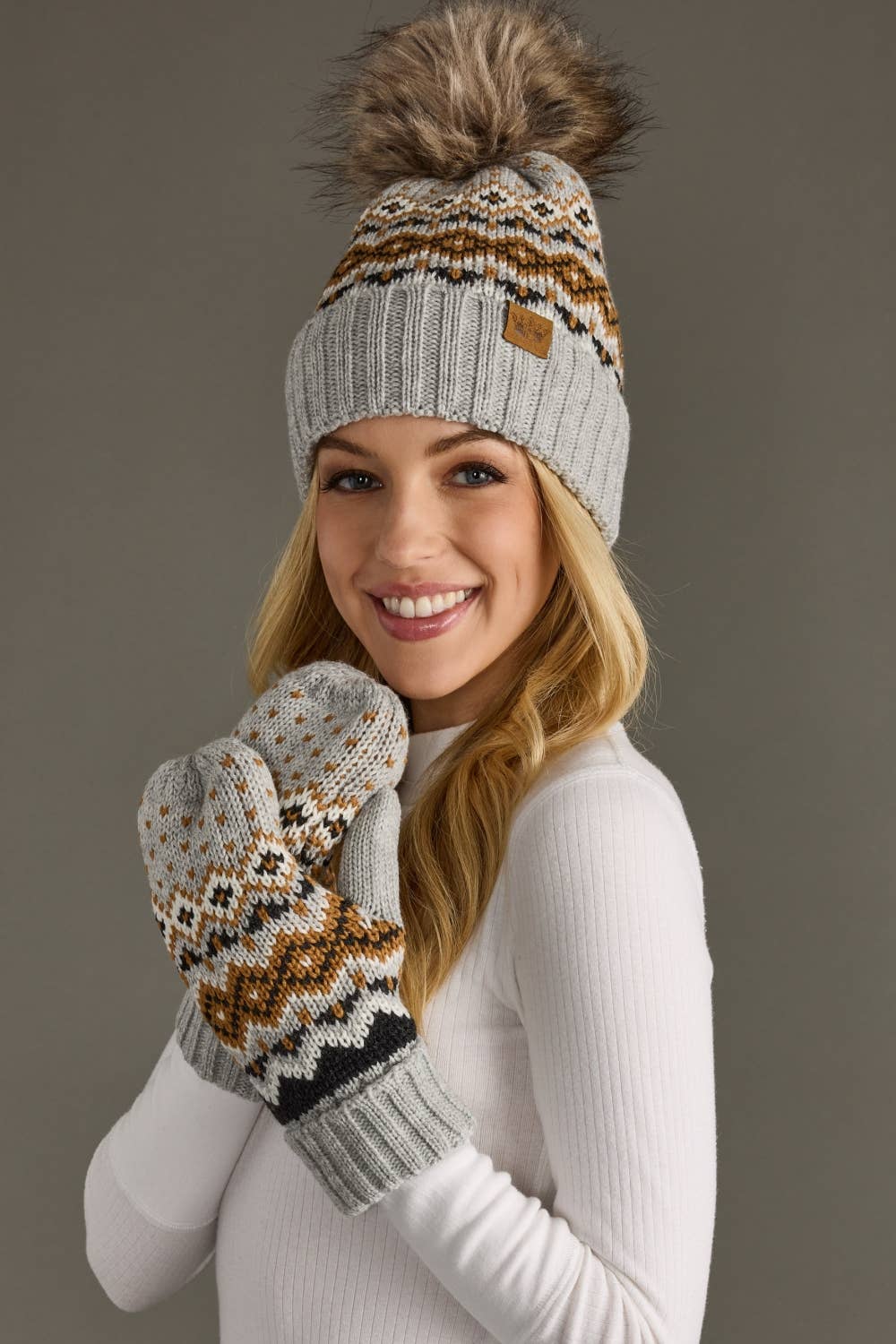 Gray, Camel & Black Patterned Mittens