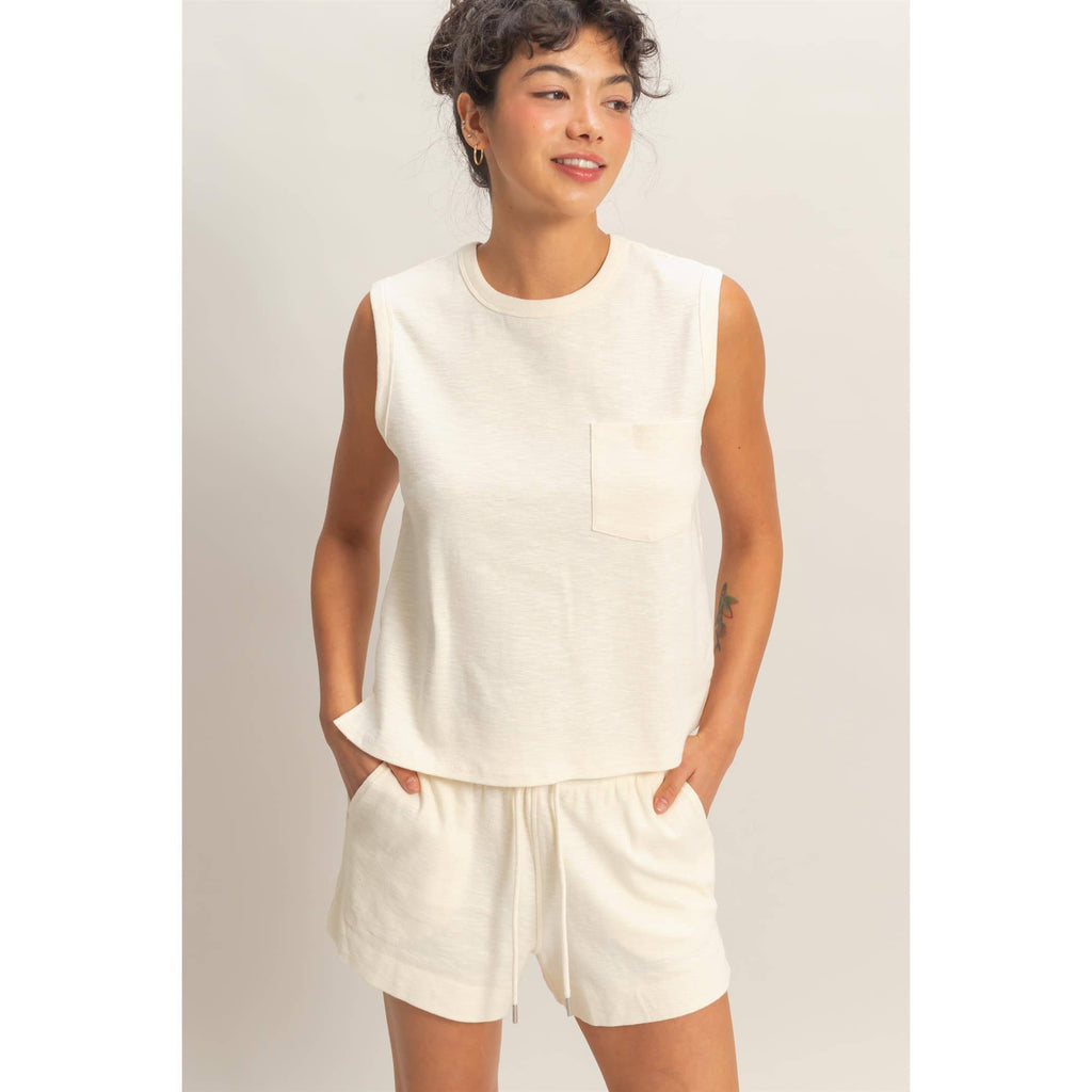 Cream Sleeveless Cotton Top With Pocket