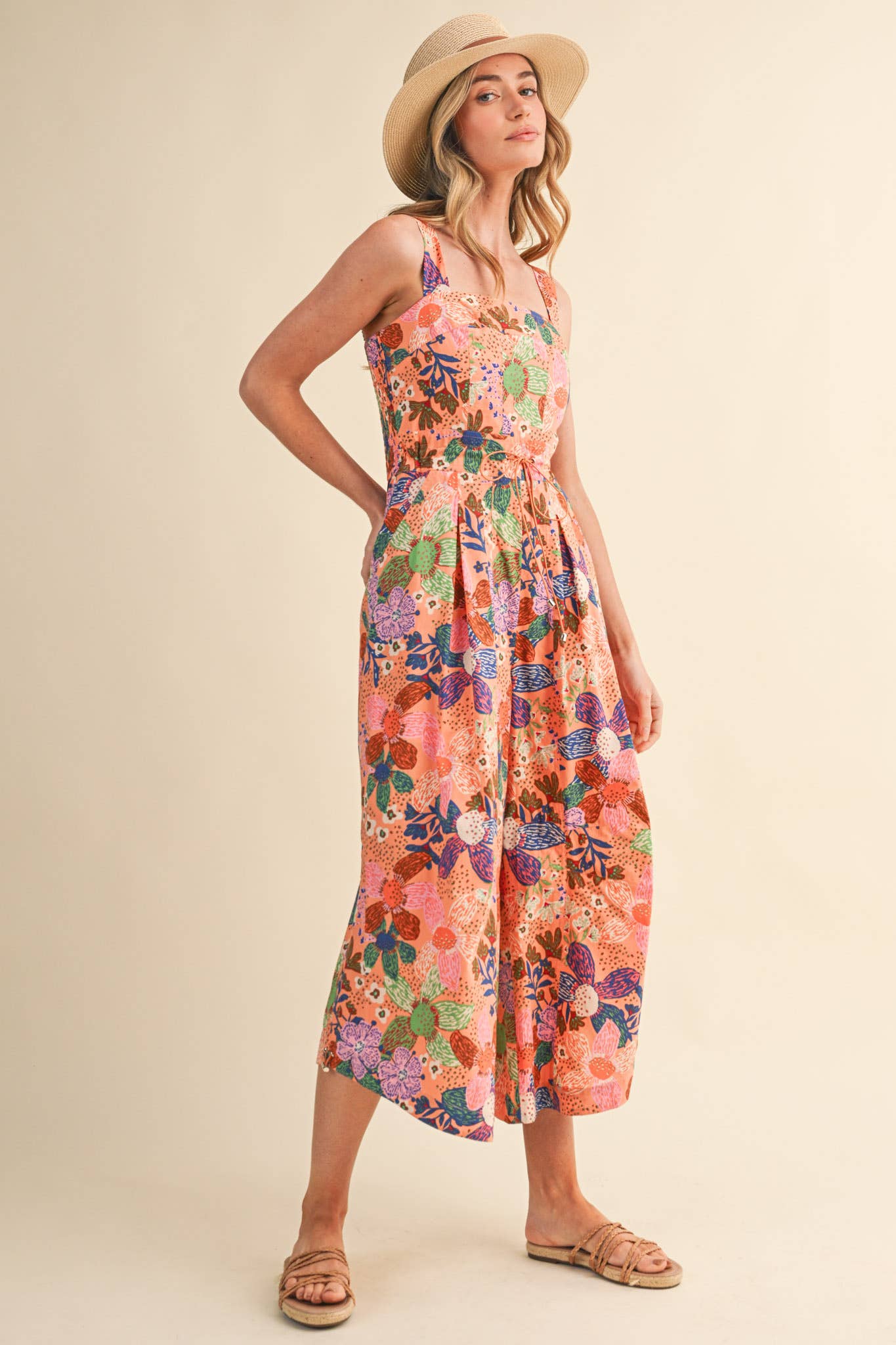 Coral Floral Pleated Wide Leg Jumpsuit
