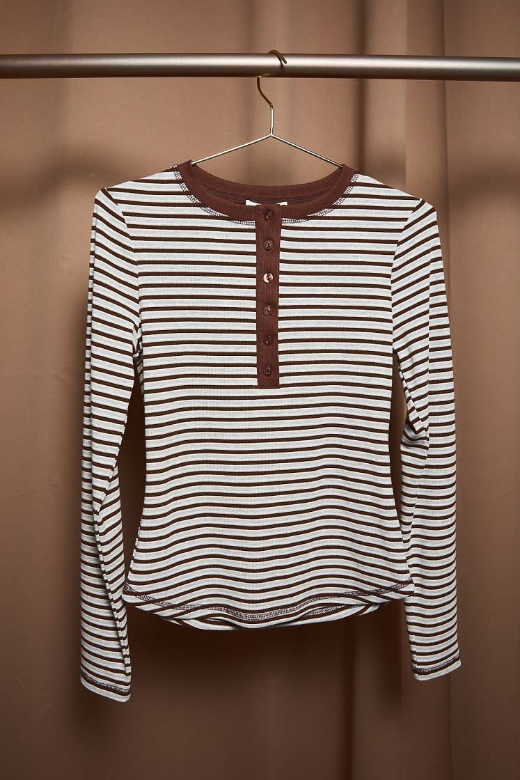 Striped Contrast Trim Henley Long Sleeve Top