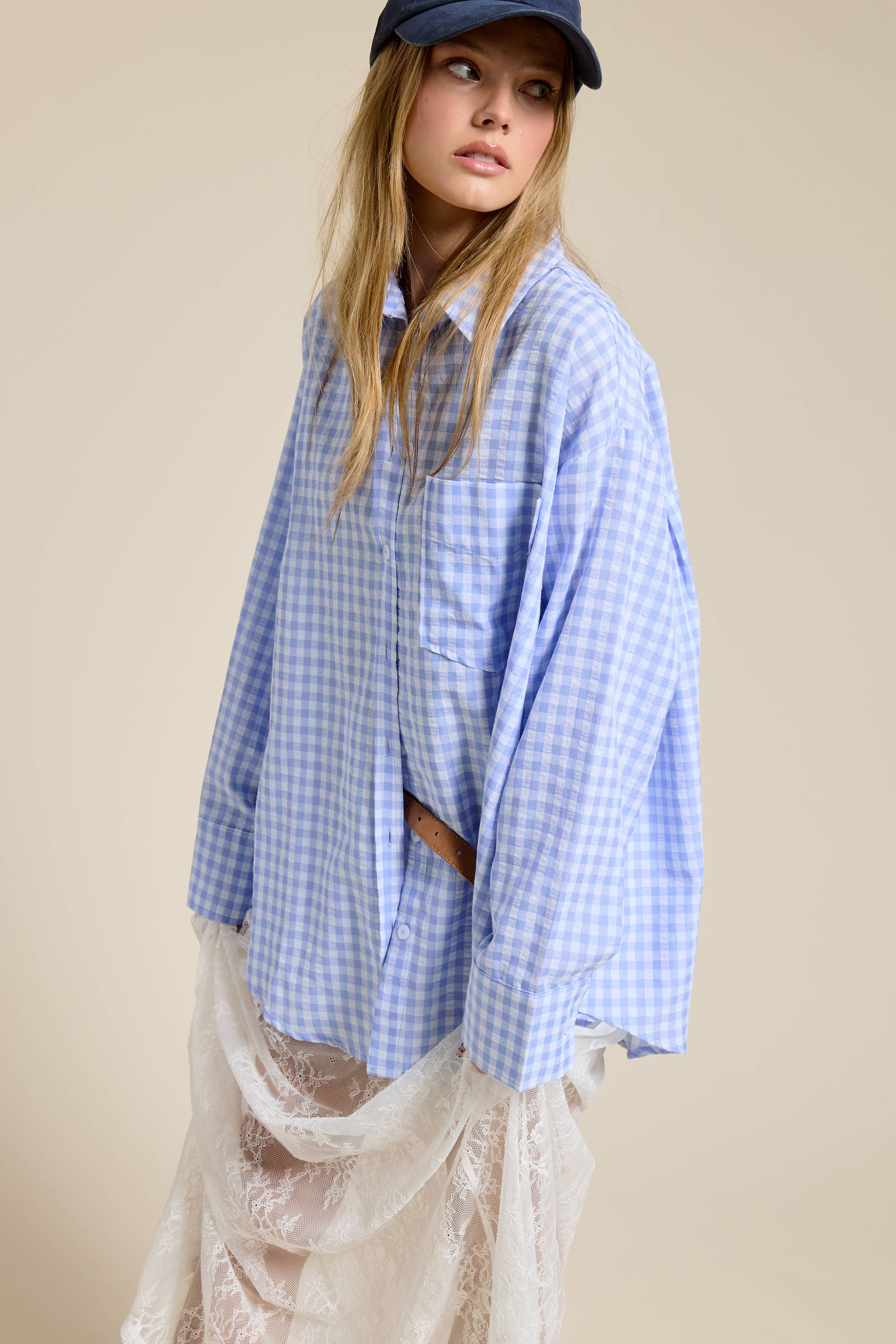 Light Blue Oversized Gingham Button Down Shirt