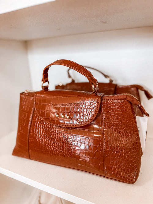 Brown Elena Croc Embossed Crossbody