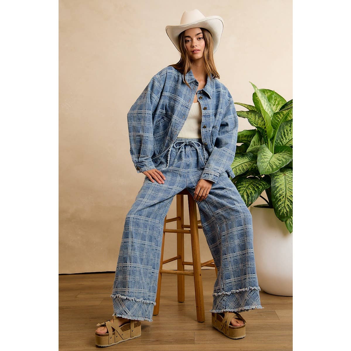 Washed Demin Plaid Wide Leg Jeans