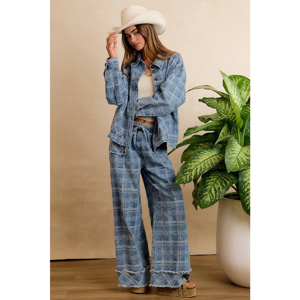 Washed Demin Plaid Wide Leg Jeans