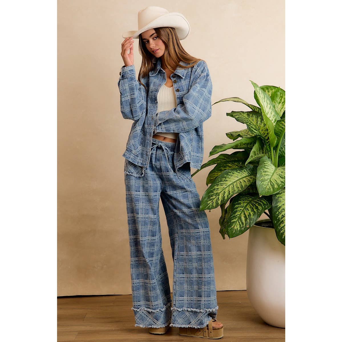 Washed Demin Plaid Wide Leg Jeans