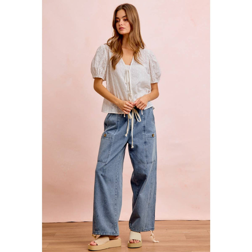 Washed Denim Drawstring Pants