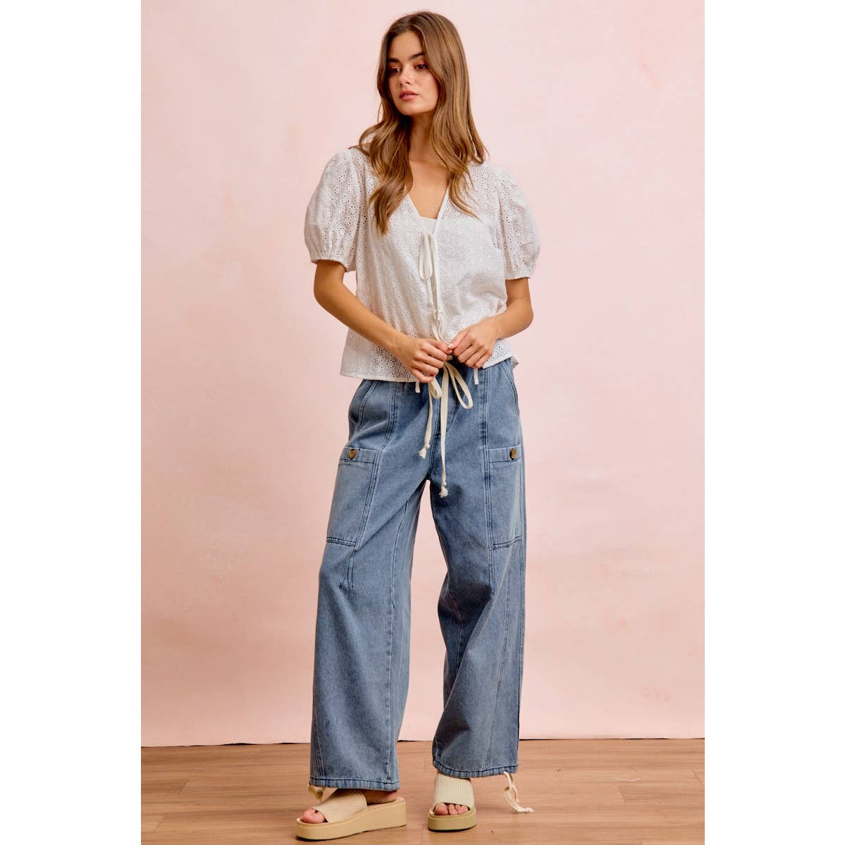 Washed Denim Drawstring Pants