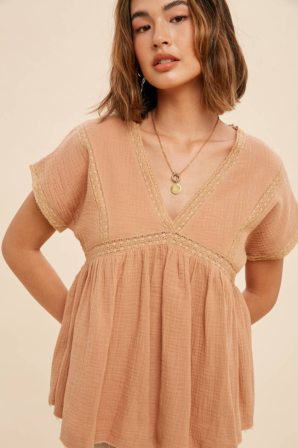 Lace Accent V Neck Blouse
