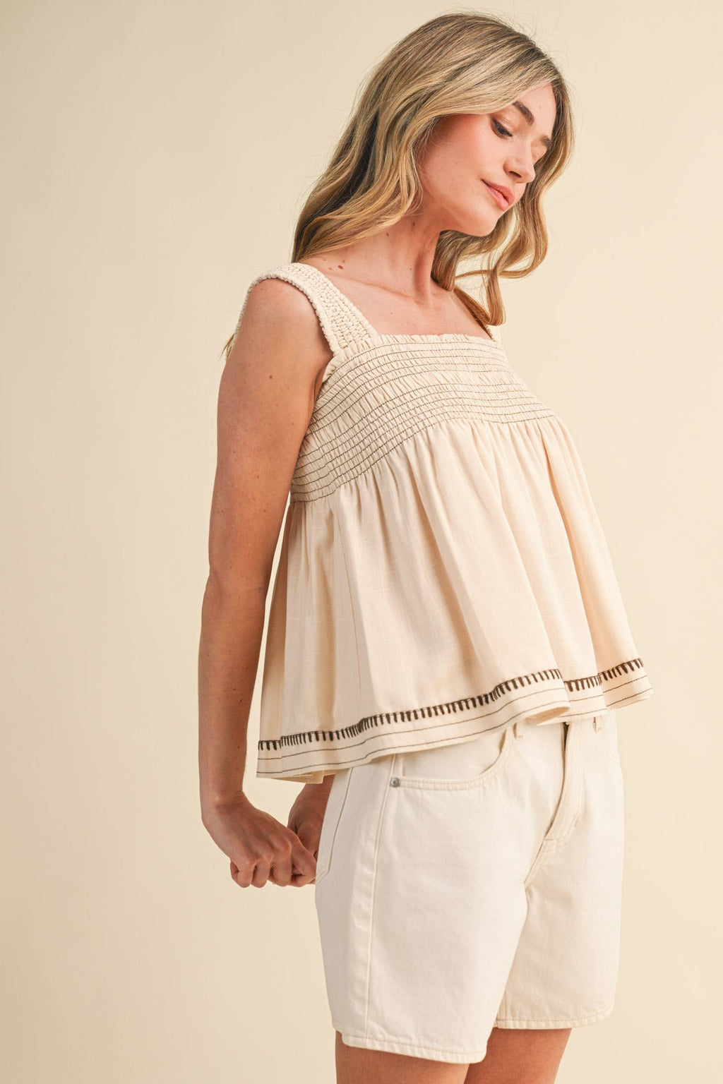 Egg Shell Sleeveless Smocked Swing Top