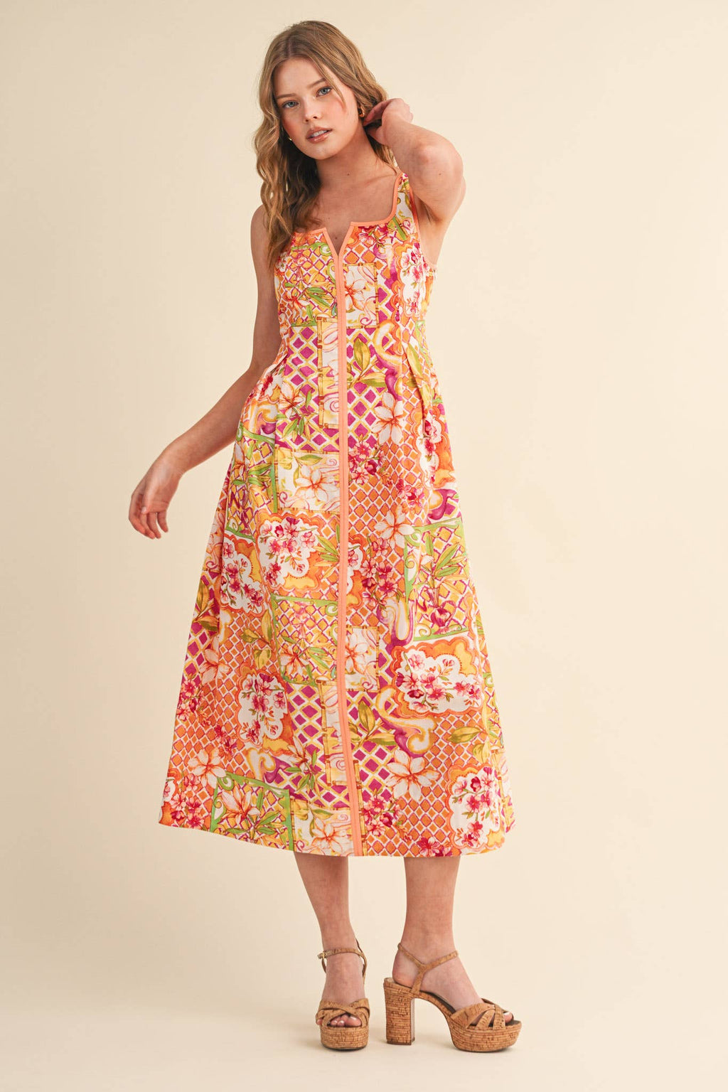 Ivory Pink Floral Midi Dress