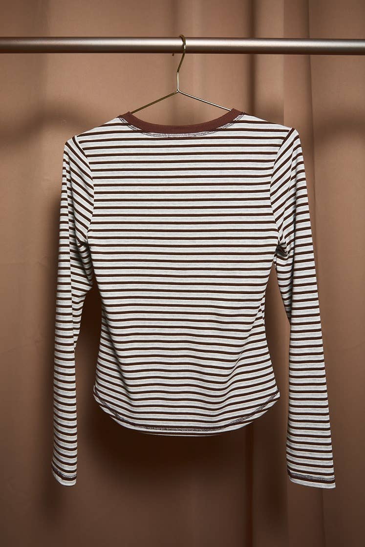 Striped Contrast Trim Henley Long Sleeve Top