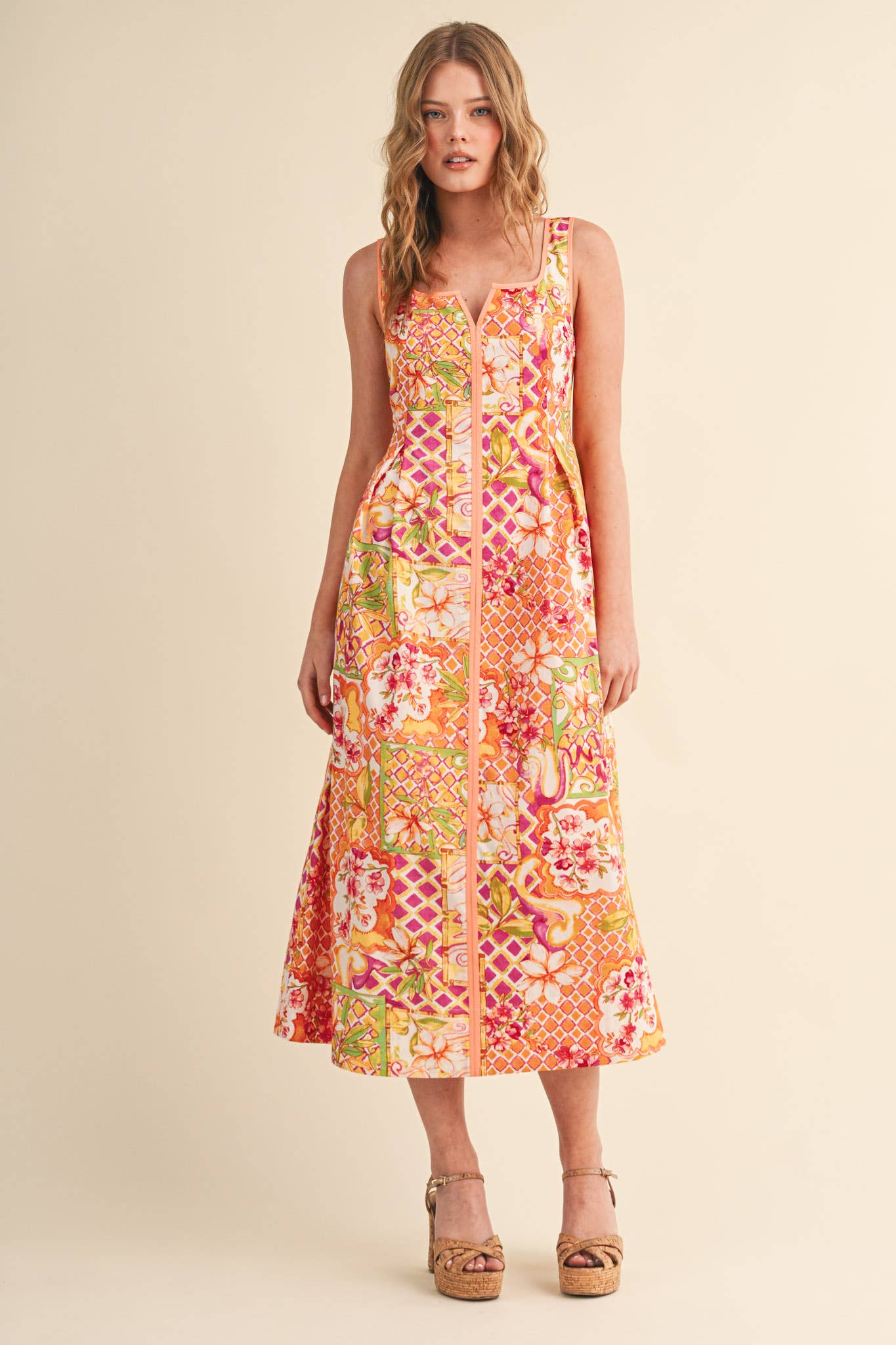 Ivory Pink Floral Midi Dress
